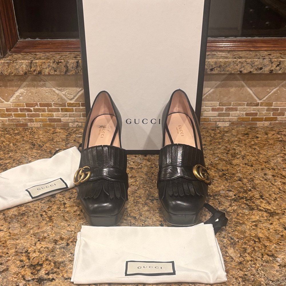 Gucci black leather platform tassel trim 3&1/2” block heels w/ gold  GG hrdware